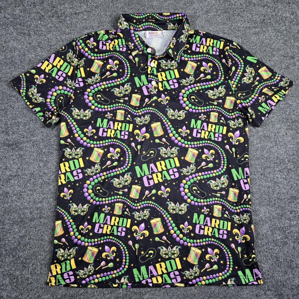 Arvilhill Polo Shirt Mens Medium Mardi Gras Fat Tuesday Multicolor Stretch NEW